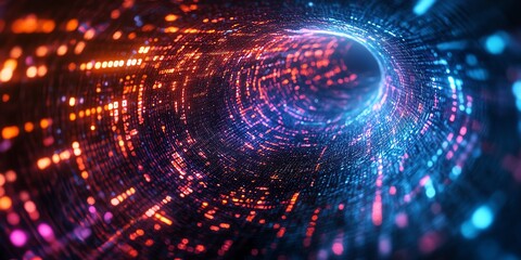 Fototapeta premium Massive data funnel with holographic grids, flowing streams of binary code, hightech futuristic design, neon light effects, ultrarealistic, modern digital aesthetics