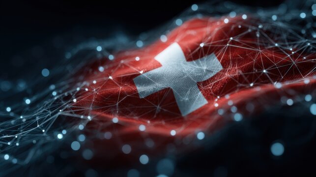 Switzerland flag waves in a digital landscape filled with glowing connections and networks at night