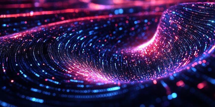 Massive data funnel with holographic grids, flowing streams of binary code, hightech futuristic design, neon light effects, ultrarealistic, modern digital aesthetics