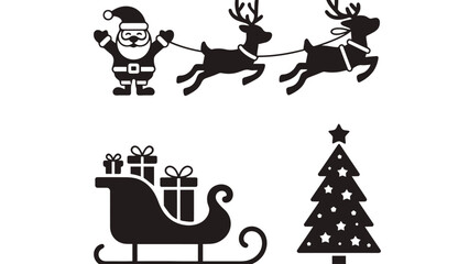 Santa Claus flying with reindeer and Christmas tree