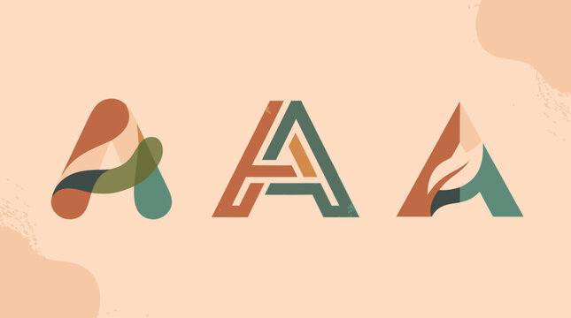 Stylized representations of letters, mountains, a compass, and abstract shapes.