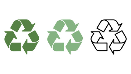 Obraz premium Three recycling symbols in different shades of green and outline on white background recycle green light green