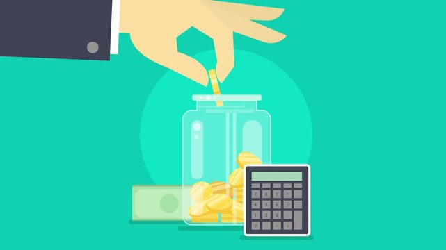 A hand throws a coin into a piggy bank, with a calculator and a banknote nearby. Minimalist vector animation in flat art style about finance