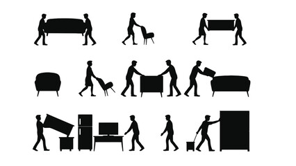 People moving furniture and household items in silhouette