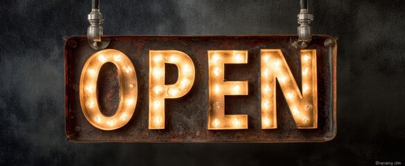 The Open Sign Vintage Marquee Lights Glowing Warmly Over Industrial Rusted Metal Backdrop