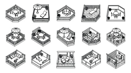 Various patio and deck designs with furniture and umbrellas