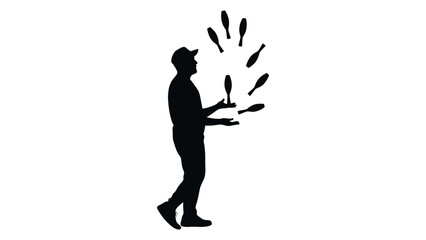 Juggler in motion with clubs flying around him