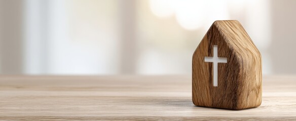 The Wooden House with Cross Symbol on Rustic Table with Soft Background