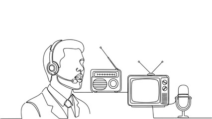 Businessman in headset with vintage media devices