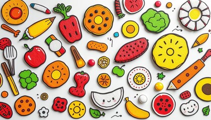 Colorful and expressive food doodles, great for adding a touch of fun to any design, doodle,  food