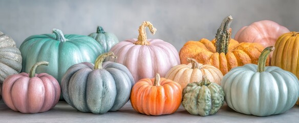 The Pumpkins in Pastel Shades Arranged on a Neutral Tabletop for Autumn Decor
