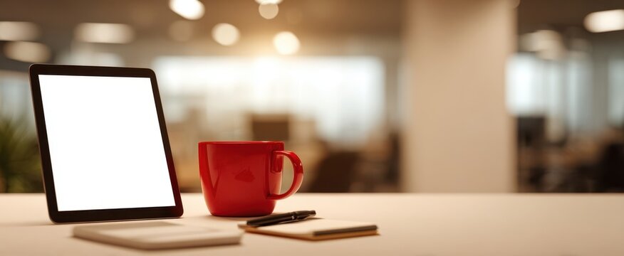 The tablet and red coffee mug on a modern office desk workspace - Powered by Adobe