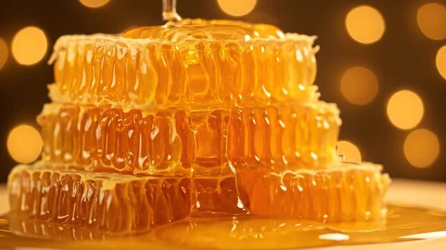 Golden honey drips generously over stacked honeycomb pieces with warm bokeh background