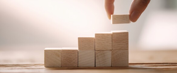 The wooden blocks being stacked into ascending steps by a human hand