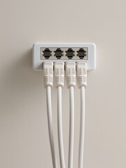 Ethernet cables connected to network port on beige background