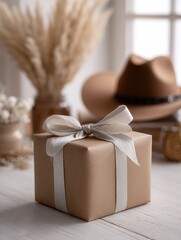 Elegant gift box with white ribbon in rustic boho setting