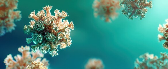 The viral particles floating in a teal bokeh background for medical concept