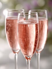 Glasses of sparkling ros&eacute; wine with bubbles on festive blurred background