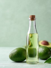 Bottle of avocado oil with whole and sliced avocados on green background