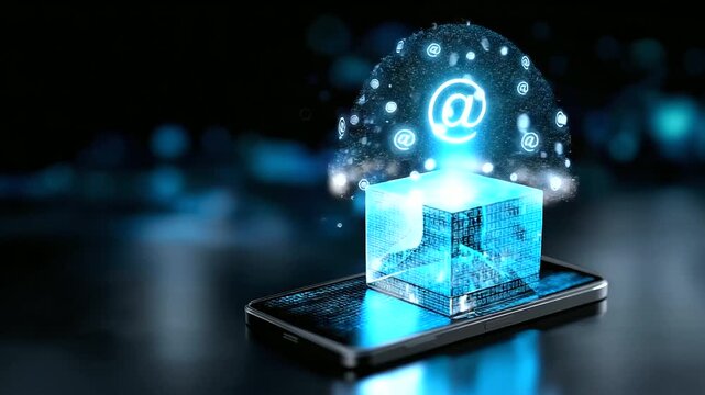 Cube with floating phone and at symbol icons, email communication concept, digital messaging visualization, contact network, technology connectivity, abstract representation on dar