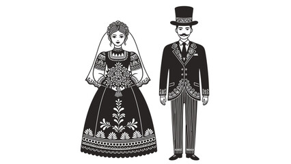 Obraz premium Traditional Folk Art Wedding Couple Vector Illustration with Groom in Top Hat and Bride Holding Bouquet