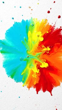 Vibrant colorful paint splash on white textured surface, with splatters of blue, yellow, red