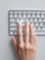 Hand pressing transparent keyboard on light gray background