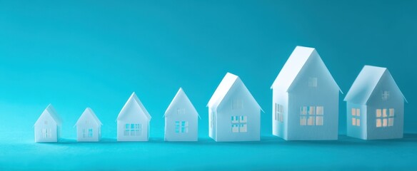 The paper houses in ascending sizes symbolize real estate growth and community development
