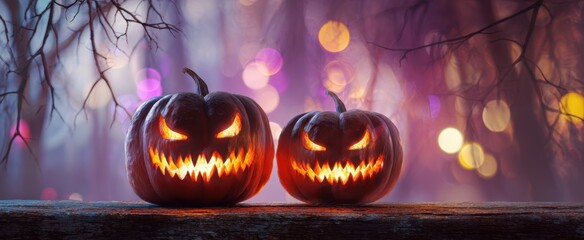 The Jackolanterns Glow on a Rustic Ledge with Spooky Bokeh Lights