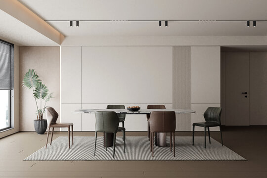 Interior design mock up of dining room with stylish modular beige chairs, wooden floor, plants, neutral room divider, decoration and elegant accessories, Modern home decor, white wall, 3D rendering