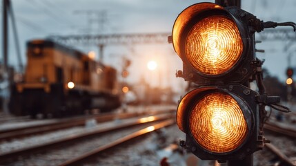 Focused close view of signal light lenses blinking on a railroad crossing with softfocus industrial equipment and rail tracks in the background highlighting technical inspections.