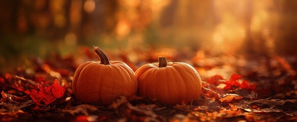The Pumpkins Resting on a Bed of Autumn Leaves in Golden Sunset Light