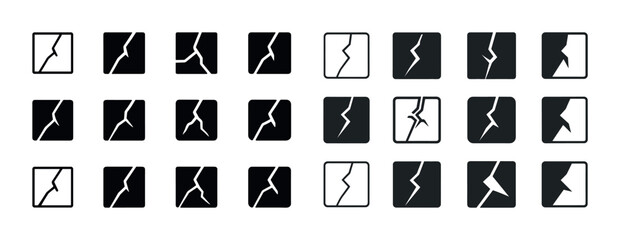 Set of black and white crack icons in various shapes and styles
