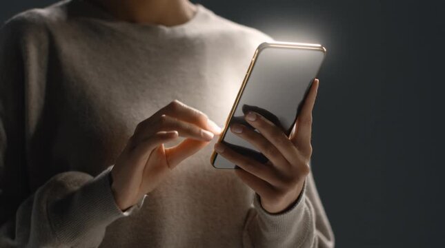 Human holding a smartphone at chest level, tapping the screen once as a soft glow appears, creating a clean, modern vertical visual ideal for app advertising and digital products.
