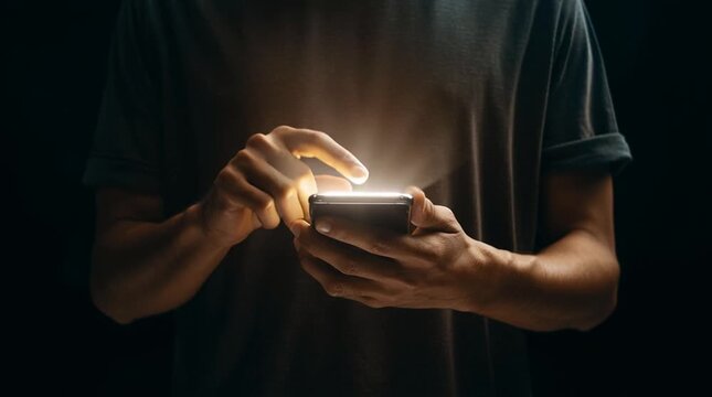 Human holding a smartphone at chest level, tapping the screen once as a soft glow appears, creating a clean, modern vertical visual ideal for app advertising and digital products.

