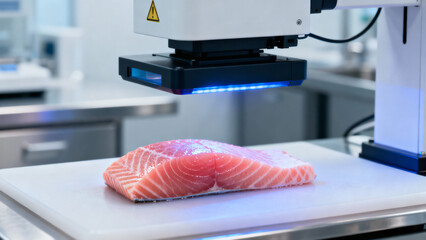 High-Tech Inspection of Fresh Salmon Fillet Under Smart Scanner in Food Processing Lab