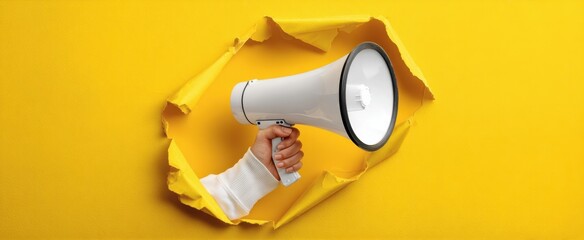 The Megaphone Breaking Through Yellow Paper Background for Loud Announcement