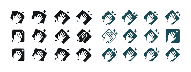 Naklejka premium Cleaning icons set: wiping hand variations in black and blue des