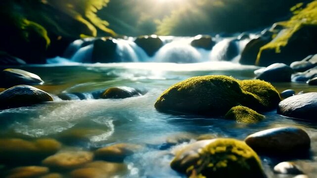 Crystal-Clear River Flow Over Rocks