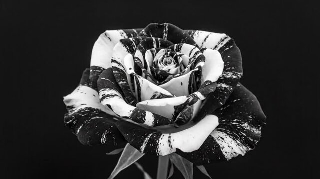 Striking Black and White Rose Isolated on Black Background.