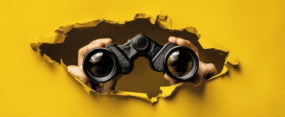 The binoculars peering through torn yellow paper with hands holding