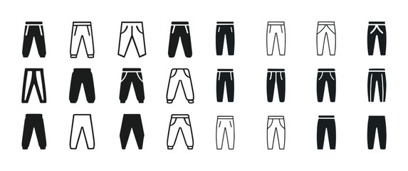 Variety of jogger pants icon set in black and white