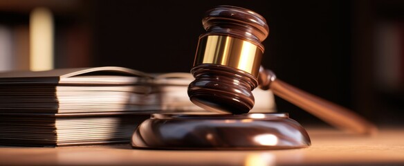 The Gavel on Wooden Block with Stacked Legal Files in a Courtroom