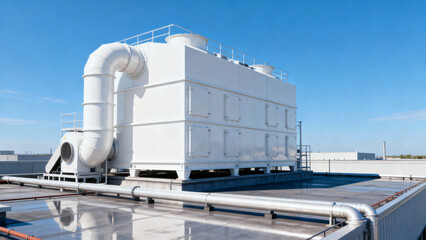 Industrial Cooling Tower on Rooftop with Clear Blue Sky and Urban Background