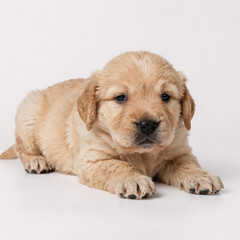 A golden retriever newborn puppy lies on a white background