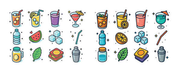 Colorful beverage and cocktail icons with ice, fruits, and straw
