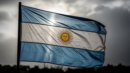 Argentinian flag waving against a dramatic, cloudy sky at sunset or sunrise
