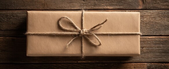 The Wrapped Brown Paper Package with Twine Bow on Rustic Wooden Surface
