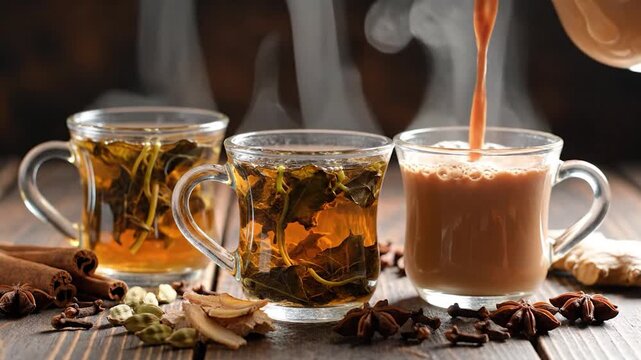 Pouring milky tea into a mug next to two steaming herbal teas and many warm spices