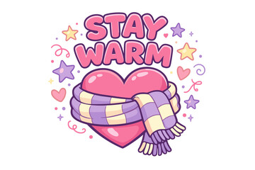 Stay warm: heart surrounded by stars and wrapped in cozy scarf